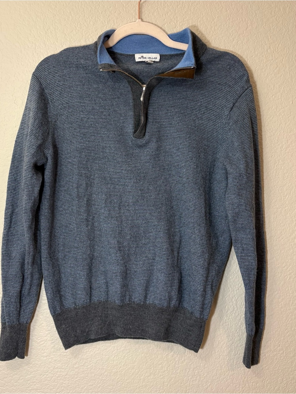 Peter Millar Merino Wool 1/4 Zip Sweater Mens M Slim Blue Gray Pullover